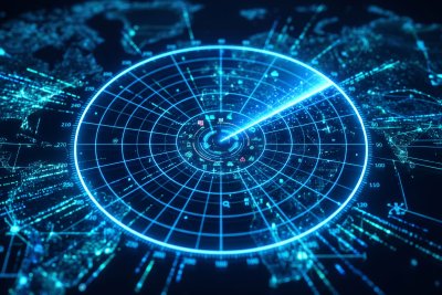 Stilisierte, digitale Radaranzeige Auf dem Bild ist eine stilisierte, digitale Radaranzeige zu sehen, die über eine stilisierte Weltkarte oder ein Netzwerk aus Datenpunkten gelegt ist: Ein kreisförmiges Raster mit konzentrischen Ringen und Gradzahlen am Rand (z. B. 80, 90, 100, 110). Ein heller, leuchtend blauer Strahl, der von der Mitte ausgeht und eine rotierende Abtastung (Sweep) signalisiert. Im Zentrum und auf dem Raster sind kleine digitale Icons und Symbole (wie Dreiecke und Quadrate) zu erkennen, die gefundene Objekte oder Markierungen darstellen. Im Hintergrund: Ein globales, blau leuchtendes Datennetzwerk, das Konturen von Kontinenten und Verbindungen weltweit andeutet.