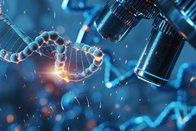 Doppelsträngige DNA-Struktur mit Mikroskop Das Bild zeigt eine kunstvolle, computergenerierte Illustration zum Thema Genforschung und Mikroskopie: Auf der linken Seite ist ein leuchtender, strukturierter Strang einer DNA (Erbsubstanz) zu sehen. Er wirkt fast dreidimensional und besteht aus glitzernden oder körnigen Partikeln. Auf der rechten Seite ragen zwei moderne, metallisch glänzende Objektive eines Labormikroskops von oben ins Bild. Der gesamte Hintergrund ist in tiefen Blautönen gehalten und von funkelnden, hellen Lichtpunkten sowie feurigen Partikeln durchsetzt. Im Hintergrund sind zudem verschwommene, abstrakte Formen zu erkennen, die an weitere Molekülstrukturen erinnern.