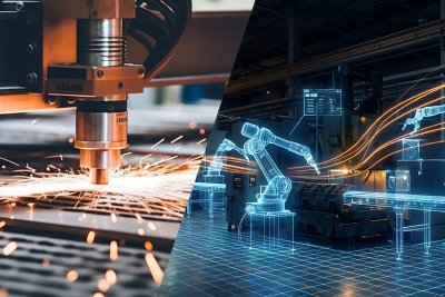 Das Bild zeigt eine Gegenüberstellung von traditioneller, physischer Fertigung mit Laserschneiden und einer digitalisierten, vernetzten Industrie-4.0-Produktion mit Robotern und holografischen Daten. Linke Bildhälfte: Eine industrielle CNC-Maschine bearbeite ein Werkstück. Deutlich sichtbare Funken entstehen durch die Hitze des Lasers beim Schneiden von Metall. Diese Seite repräsentiert die reale, greifbare Produktionsebene in einer Fabrik. Rechte Bildhälfte: Automatisierte Knickarmroboter arbeiten an einem Fließband. Blaue, leuchtende Linien überziehen die Maschinen und den Boden. Sie symbolisieren einen Digitalen Zwilling (virtuelles Abbild der Fabrik). Holografische Diagramme und Anzeigen stehen für Echtzeit-Datenanalyse und Vernetzung.