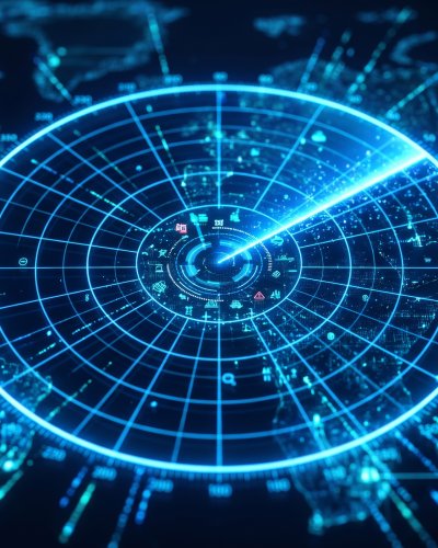 Stilisierte, digitale Radaranzeige Auf dem Bild ist eine stilisierte, digitale Radaranzeige zu sehen, die über eine stilisierte Weltkarte oder ein Netzwerk aus Datenpunkten gelegt ist: Ein kreisförmiges Raster mit konzentrischen Ringen und Gradzahlen am Rand (z. B. 80, 90, 100, 110). Ein heller, leuchtend blauer Strahl, der von der Mitte ausgeht und eine rotierende Abtastung (Sweep) signalisiert. Im Zentrum und auf dem Raster sind kleine digitale Icons und Symbole (wie Dreiecke und Quadrate) zu erkennen, die gefundene Objekte oder Markierungen darstellen. Im Hintergrund: Ein globales, blau leuchtendes Datennetzwerk, das Konturen von Kontinenten und Verbindungen weltweit andeutet.
