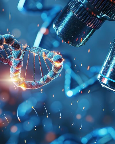 Doppelsträngige DNA-Struktur mit Mikroskop Das Bild zeigt eine kunstvolle, computergenerierte Illustration zum Thema Genforschung und Mikroskopie: Auf der linken Seite ist ein leuchtender, strukturierter Strang einer DNA (Erbsubstanz) zu sehen. Er wirkt fast dreidimensional und besteht aus glitzernden oder körnigen Partikeln. Auf der rechten Seite ragen zwei moderne, metallisch glänzende Objektive eines Labormikroskops von oben ins Bild. Der gesamte Hintergrund ist in tiefen Blautönen gehalten und von funkelnden, hellen Lichtpunkten sowie feurigen Partikeln durchsetzt. Im Hintergrund sind zudem verschwommene, abstrakte Formen zu erkennen, die an weitere Molekülstrukturen erinnern.