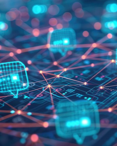 Das Bild zeigt eine abstrakte, digitale Visualisierung eines vernetzten Daten- oder Kommunikationsnetzwerks im Cyberpunk-Stil. Im Vordergrund und über das Bild verteilt schweben stilisierte, blau leuchtende Sprechblasen mit einer Gitterstruktur und angedeuteten UI-Elementen (wie Reglern oder Symbolen). Sie symbolisieren digitale Kommunikation, Nachrichtenübermittlung oder Benutzer-Avatare in einem Netzwerk. Eine Vielzahl von rötlich-orangen Linien verbindet die einzelnen Knotenpunkte miteinander. Dies stellt komplexe, dezentrale Datenverbindungen, Informationsflüsse oder künstliche neuronale Netze dar. Zahlreiche leuchtende Punkte im Hintergrund sind in Unschärfe gehüllt, was dem Bild eine optische Tiefe und eine dynamische, technologische Atmosphäre verleiht. Am unteren Bildrand ist ein dunkler Hintergrund zu sehen, der an eine Computerplatine (Circuit Board) mit feinen, leuchtenden Schaltbahnen und technischen Strukturen erinnert.