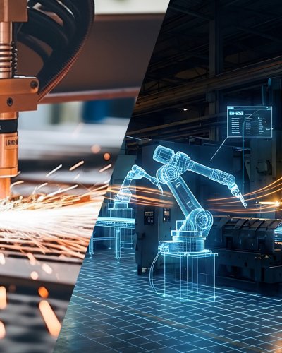 Industrie-4.0-Produktion Das Bild zeigt eine Gegenüberstellung von traditioneller, physischer Fertigung mit Laserschneiden und einer digitalisierten, vernetzten Industrie-4.0-Produktion mit Robotern und holografischen Daten. Linke Bildhälfte: Eine industrielle CNC-Maschine bearbeite ein Werkstück. Deutlich sichtbare Funken entstehen durch die Hitze des Lasers beim Schneiden von Metall. Diese Seite repräsentiert die reale, greifbare Produktionsebene in einer Fabrik. Rechte Bildhälfte: Automatisierte Knickarmroboter arbeiten an einem Fließband. Blaue, leuchtende Linien überziehen die Maschinen und den Boden. Sie symbolisieren einen Digitalen Zwilling (virtuelles Abbild der Fabrik). Holografische Diagramme und Anzeigen stehen für Echtzeit-Datenanalyse und Vernetzung.